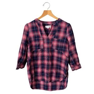 Knox Rose Plaid Blue Button Front 3/4 Sleeve 100% Cotton Tunic Womens Shirt Sz M